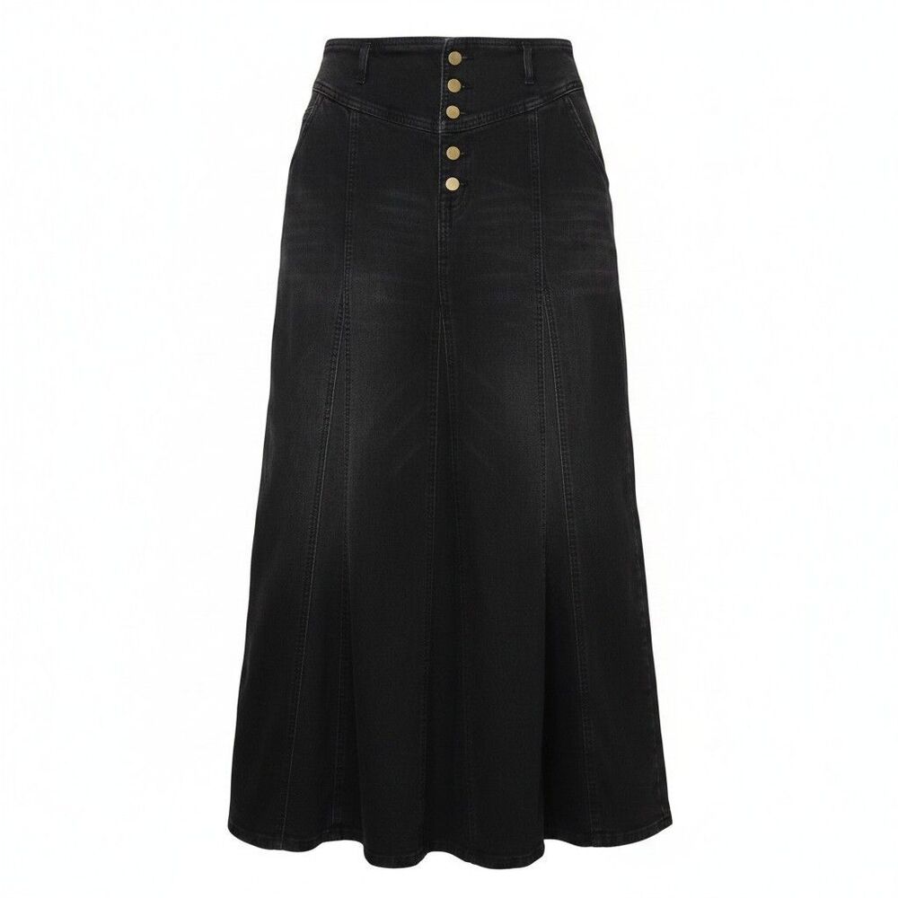 CHARTOU Black Denim Maxi Skirt ButtonFly Size XL Retro A-Line Y2K/90s Distressed